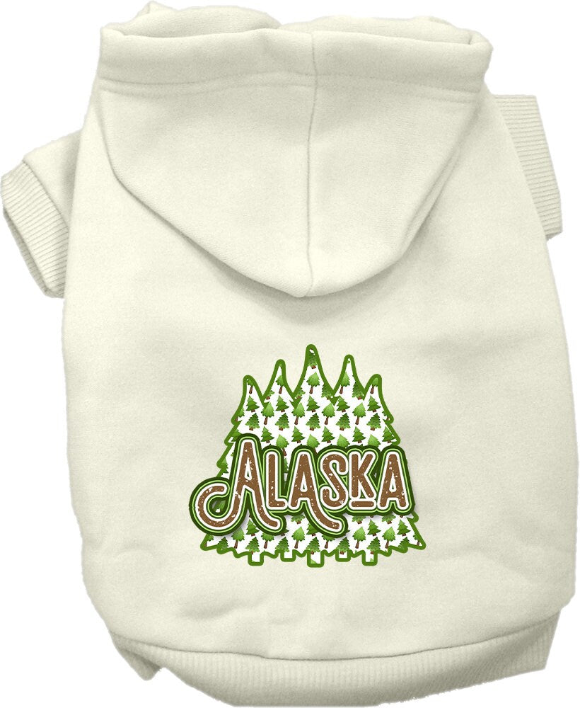 A cozy screen printed hoodie for medium to large pets featuring Alaska Woodland Trees design, showcasing its soft fabric and durable stitching.
