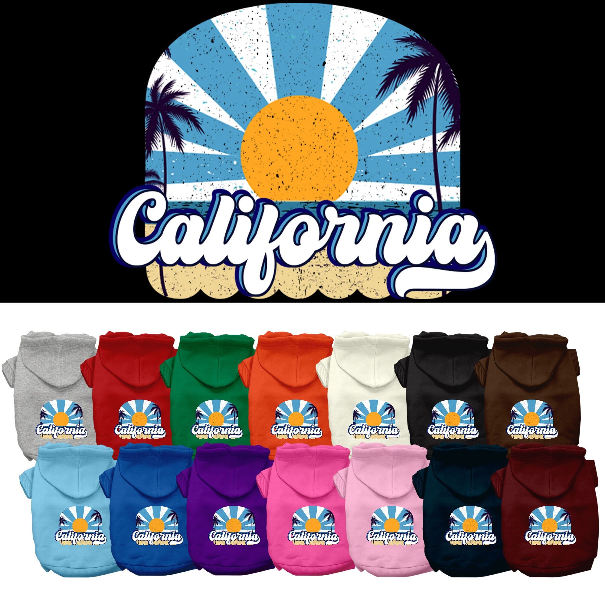 A stylish screen printed hoodie for medium to large pets, featuring the California Coast design, made from soft and durable fabric.