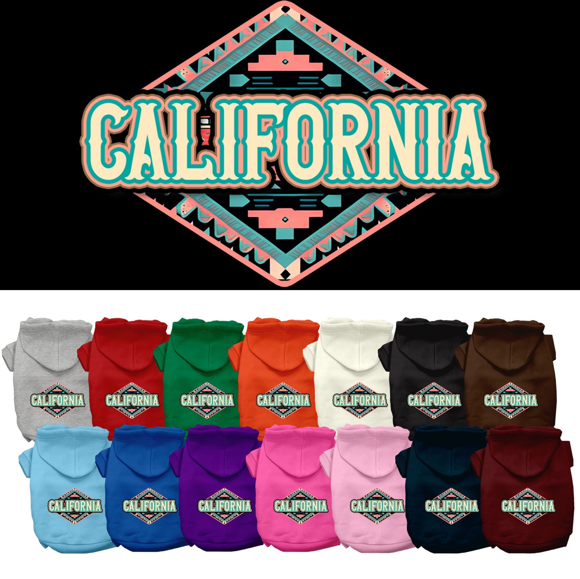 A medium to large pet wearing a soft, warm hoodie with a California Peach Aztec print, showcasing its stylish design and convenient leash access.