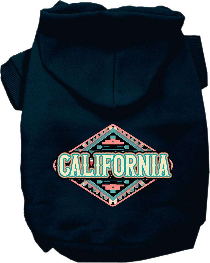 A medium to large pet wearing a soft, warm hoodie with a California Peach Aztec print, showcasing its stylish design and convenient leash access.