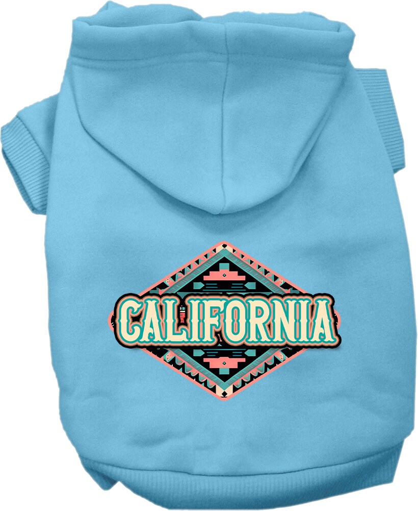 A medium to large pet wearing a soft, warm hoodie with a California Peach Aztec print, showcasing its stylish design and convenient leash access.