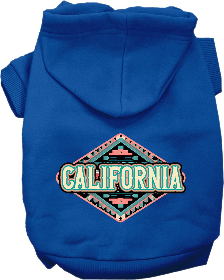 A medium to large pet wearing a soft, warm hoodie with a California Peach Aztec print, showcasing its stylish design and convenient leash access.