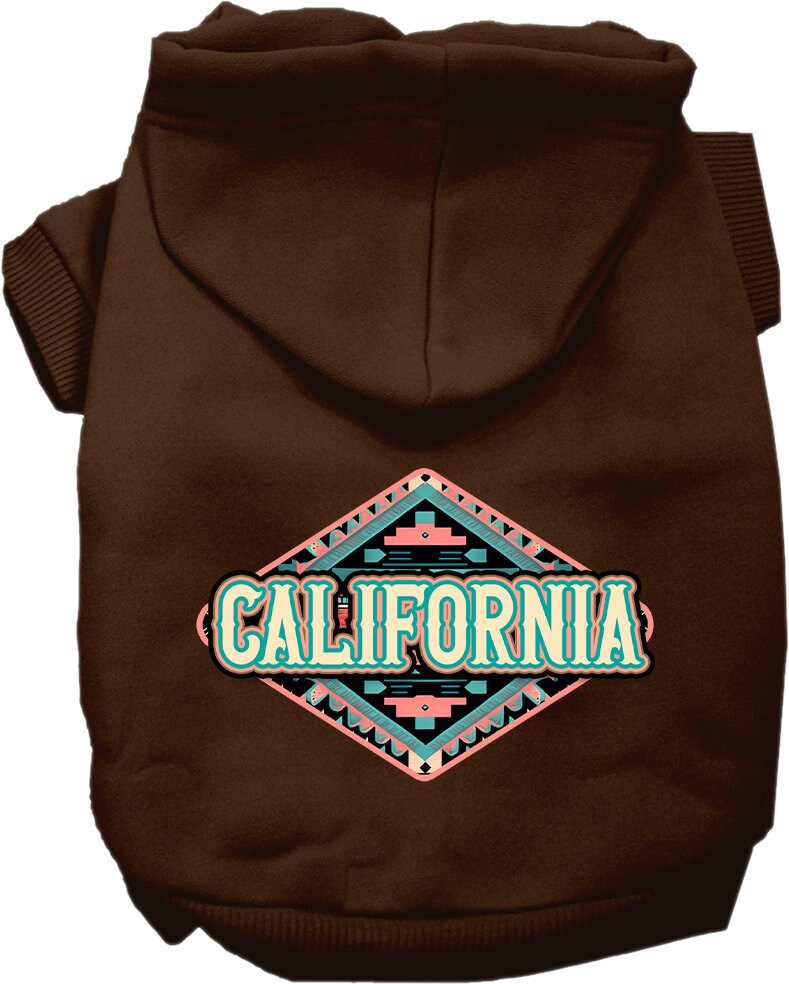 A medium to large pet wearing a soft, warm hoodie with a California Peach Aztec print, showcasing its stylish design and convenient leash access.