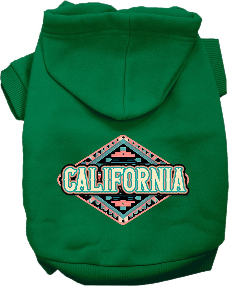 A medium to large pet wearing a soft, warm hoodie with a California Peach Aztec print, showcasing its stylish design and convenient leash access.