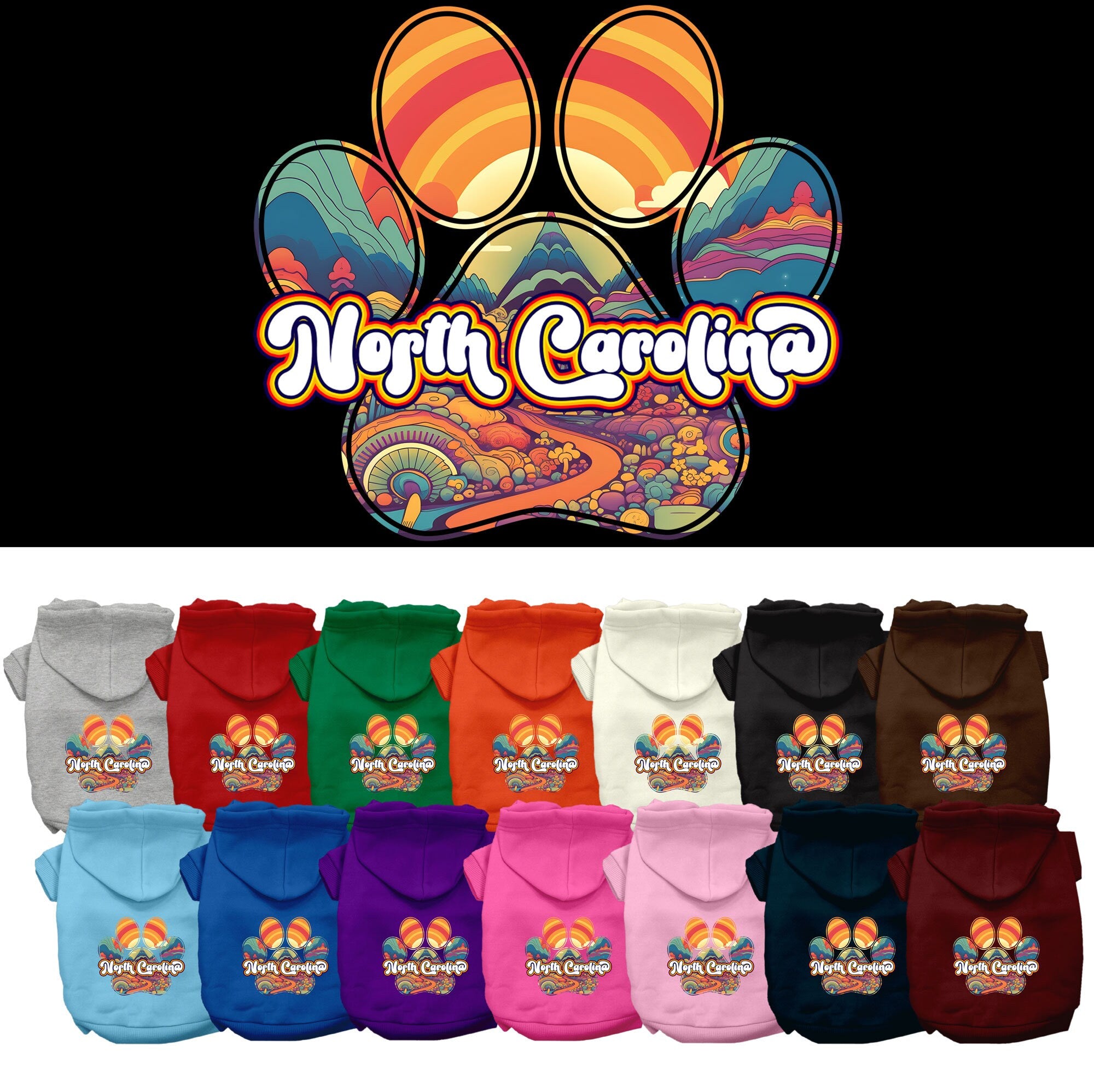 A cozy screen printed hoodie for medium to large pets, featuring a unique 'North Carolina Groovy Summit' design, perfect for stylish outings.