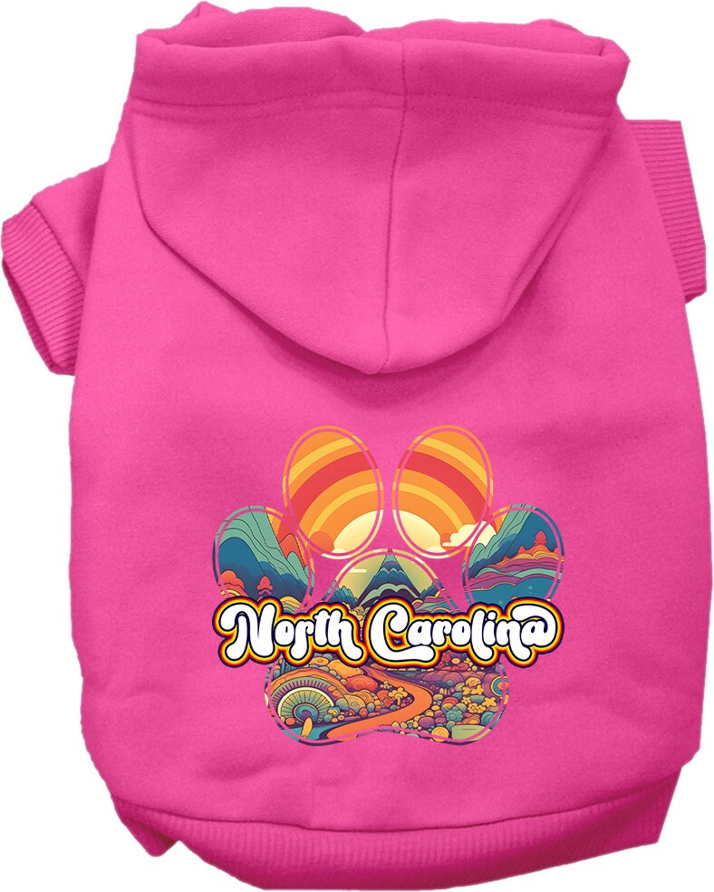 A cozy screen printed hoodie for medium to large pets, featuring a unique 'North Carolina Groovy Summit' design, perfect for stylish outings.