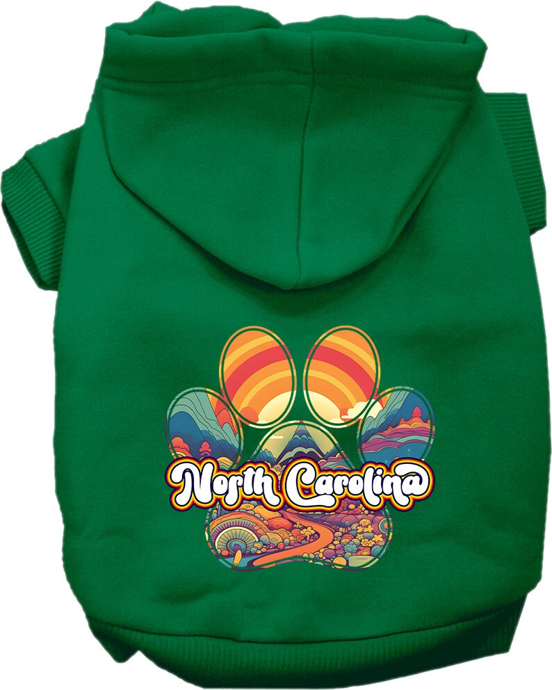 A cozy screen printed hoodie for medium to large pets, featuring a unique 'North Carolina Groovy Summit' design, perfect for stylish outings.