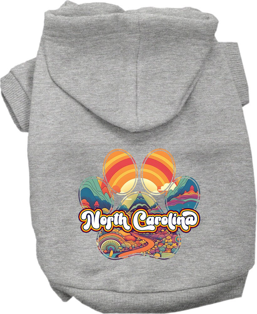 A cozy screen printed hoodie for medium to large pets, featuring a unique 'North Carolina Groovy Summit' design, perfect for stylish outings.