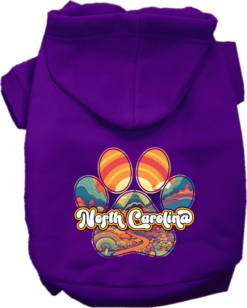 A cozy screen printed hoodie for medium to large pets, featuring a unique 'North Carolina Groovy Summit' design, perfect for stylish outings.