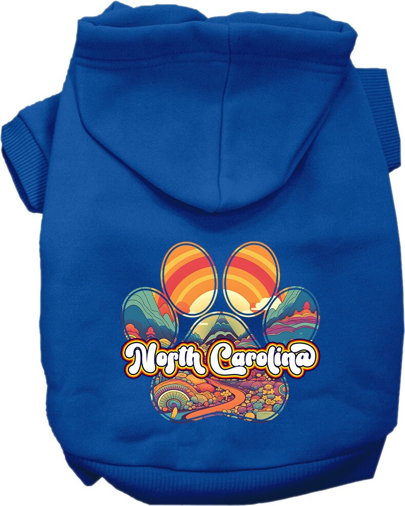 A cozy screen printed hoodie for medium to large pets, featuring a unique 'North Carolina Groovy Summit' design, perfect for stylish outings.
