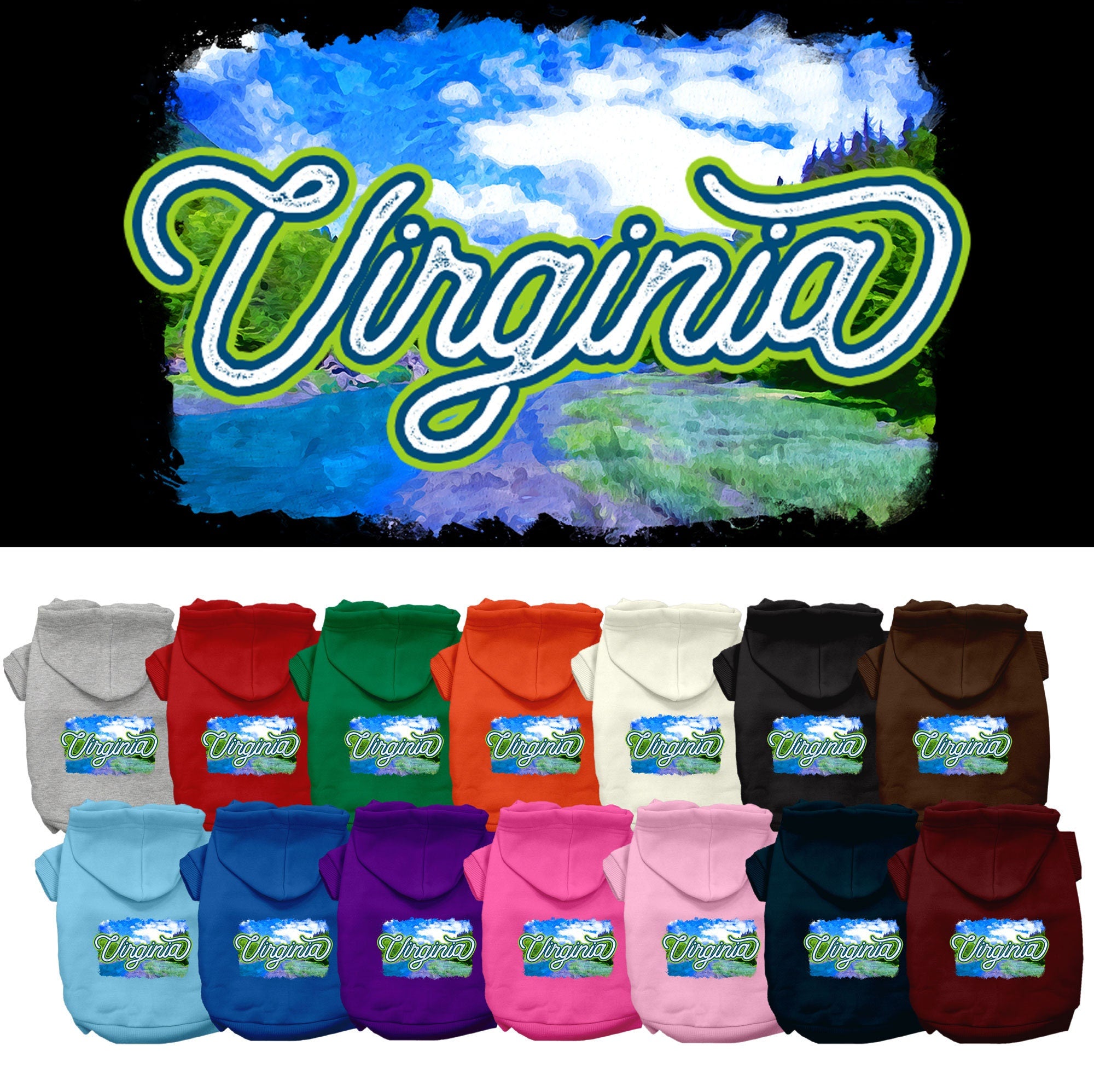 A cozy screen printed hoodie for medium to large pets, featuring a stylish 'Virginia Summer' design, perfect for dogs and cats.