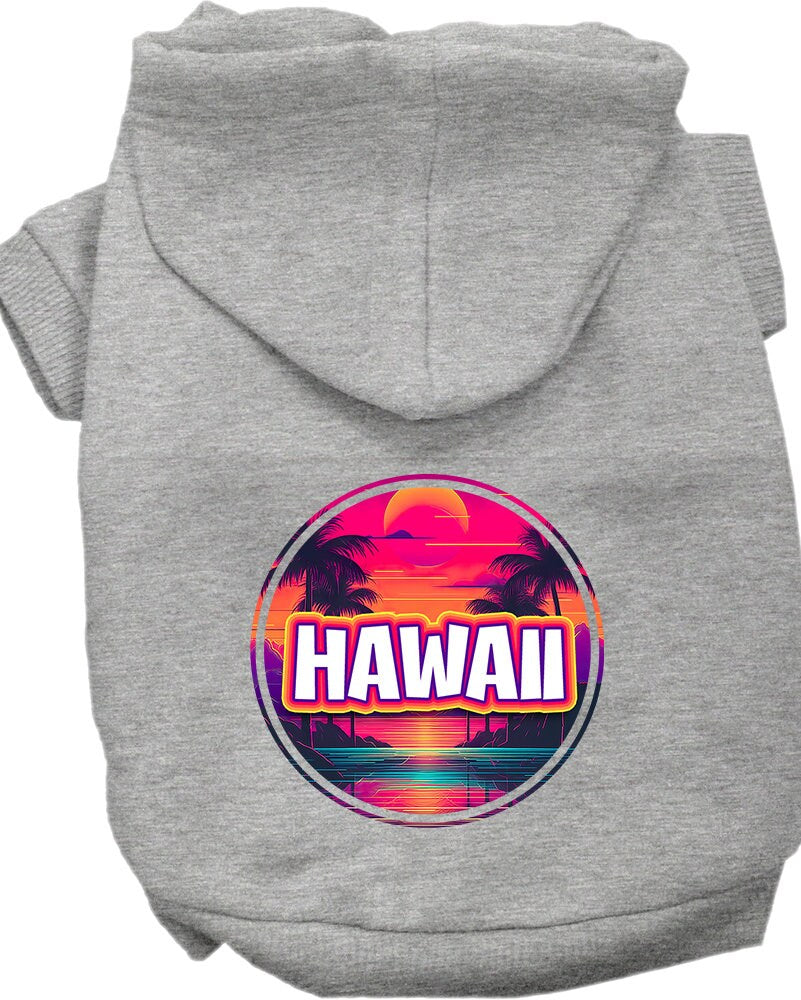 A vibrant pet hoodie featuring a Hawaii Neon Beach Sunset print, designed for medium to large dogs and cats, showcasing its soft fabric and durable stitching.