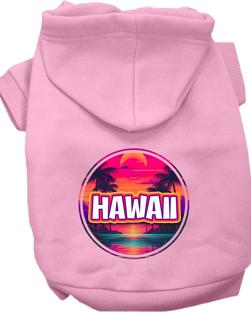 A vibrant pet hoodie featuring a Hawaii Neon Beach Sunset print, designed for medium to large dogs and cats, showcasing its soft fabric and durable stitching.