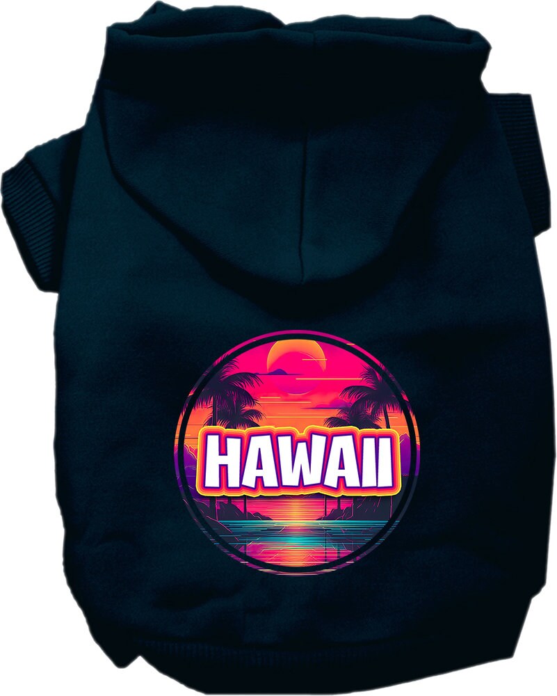 A vibrant pet hoodie featuring a Hawaii Neon Beach Sunset print, designed for medium to large dogs and cats, showcasing its soft fabric and durable stitching.