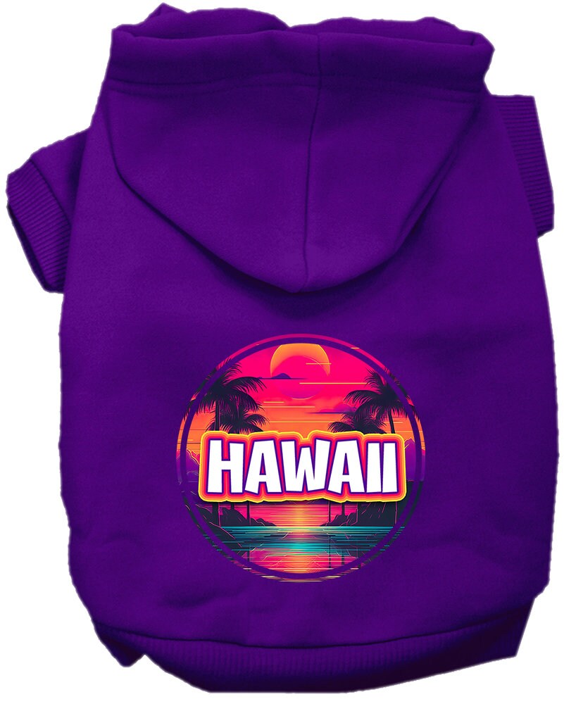 A vibrant pet hoodie featuring a Hawaii Neon Beach Sunset print, designed for medium to large dogs and cats, showcasing its soft fabric and durable stitching.