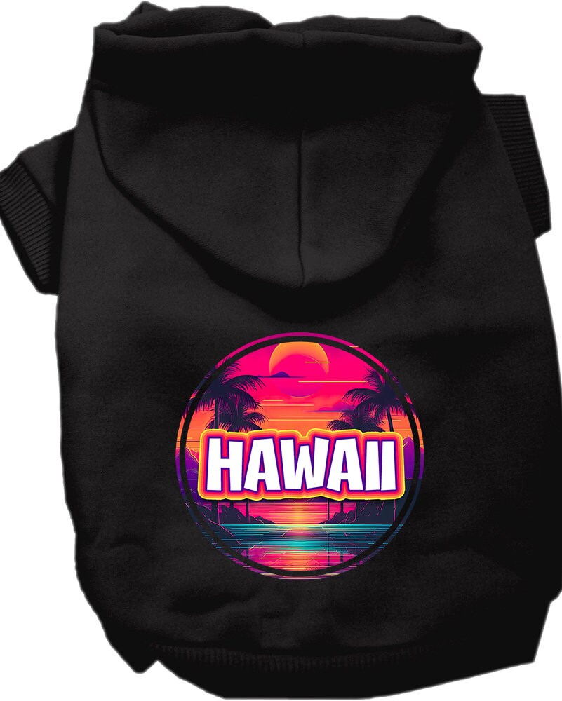 A vibrant pet hoodie featuring a Hawaii Neon Beach Sunset print, designed for medium to large dogs and cats, showcasing its soft fabric and durable stitching.