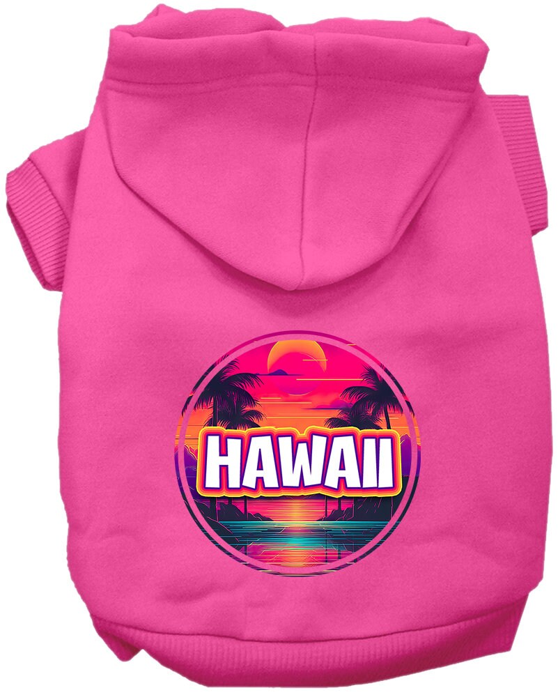 A vibrant pet hoodie featuring a Hawaii Neon Beach Sunset print, designed for medium to large dogs and cats, showcasing its soft fabric and durable stitching.