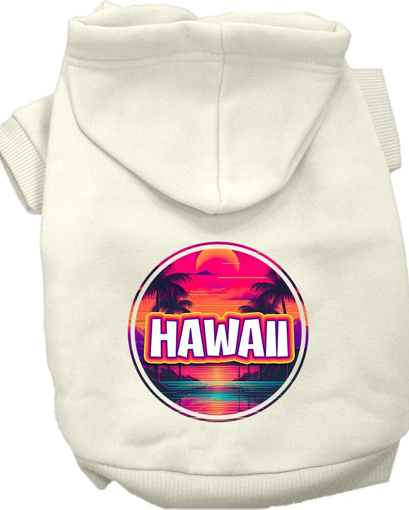 A vibrant pet hoodie featuring a Hawaii Neon Beach Sunset print, designed for medium to large dogs and cats, showcasing its soft fabric and durable stitching.