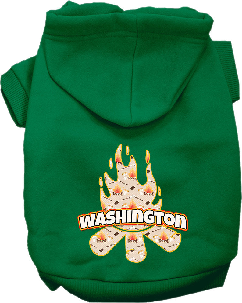 A cozy screen printed hoodie for medium to large pets featuring a 'Washington Around The Campfire' design, perfect for chilly weather.