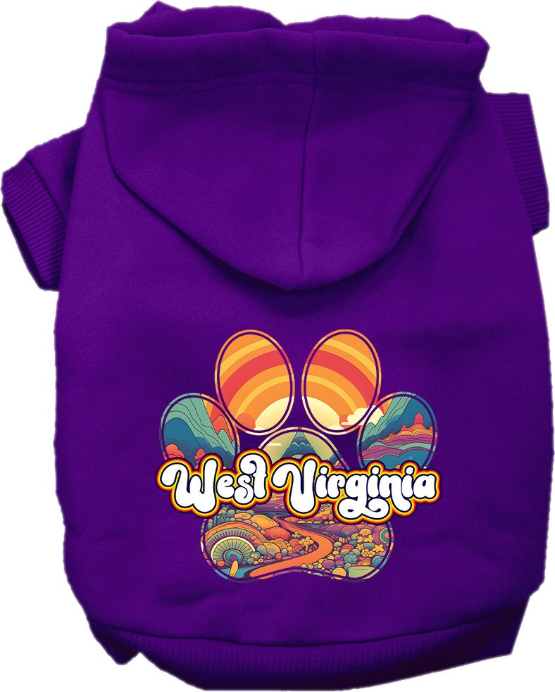 A cozy screen printed hoodie for medium to large pets, featuring a unique 'West Virginia Groovy Summit' design, perfect for stylish dogs and cats.