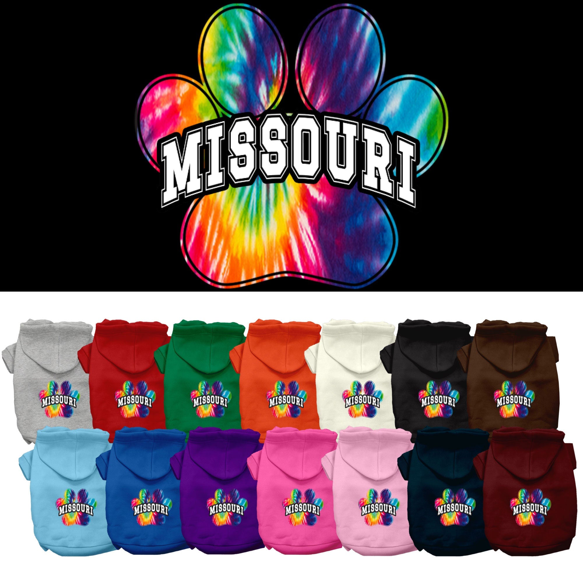 A vibrant Missouri Bright Tie Dye hoodie designed for medium to large dogs and cats, showcasing its soft fabric and convenient leash access hole.