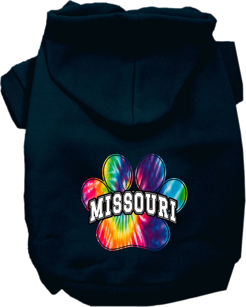 A vibrant Missouri Bright Tie Dye hoodie designed for medium to large dogs and cats, showcasing its soft fabric and convenient leash access hole.
