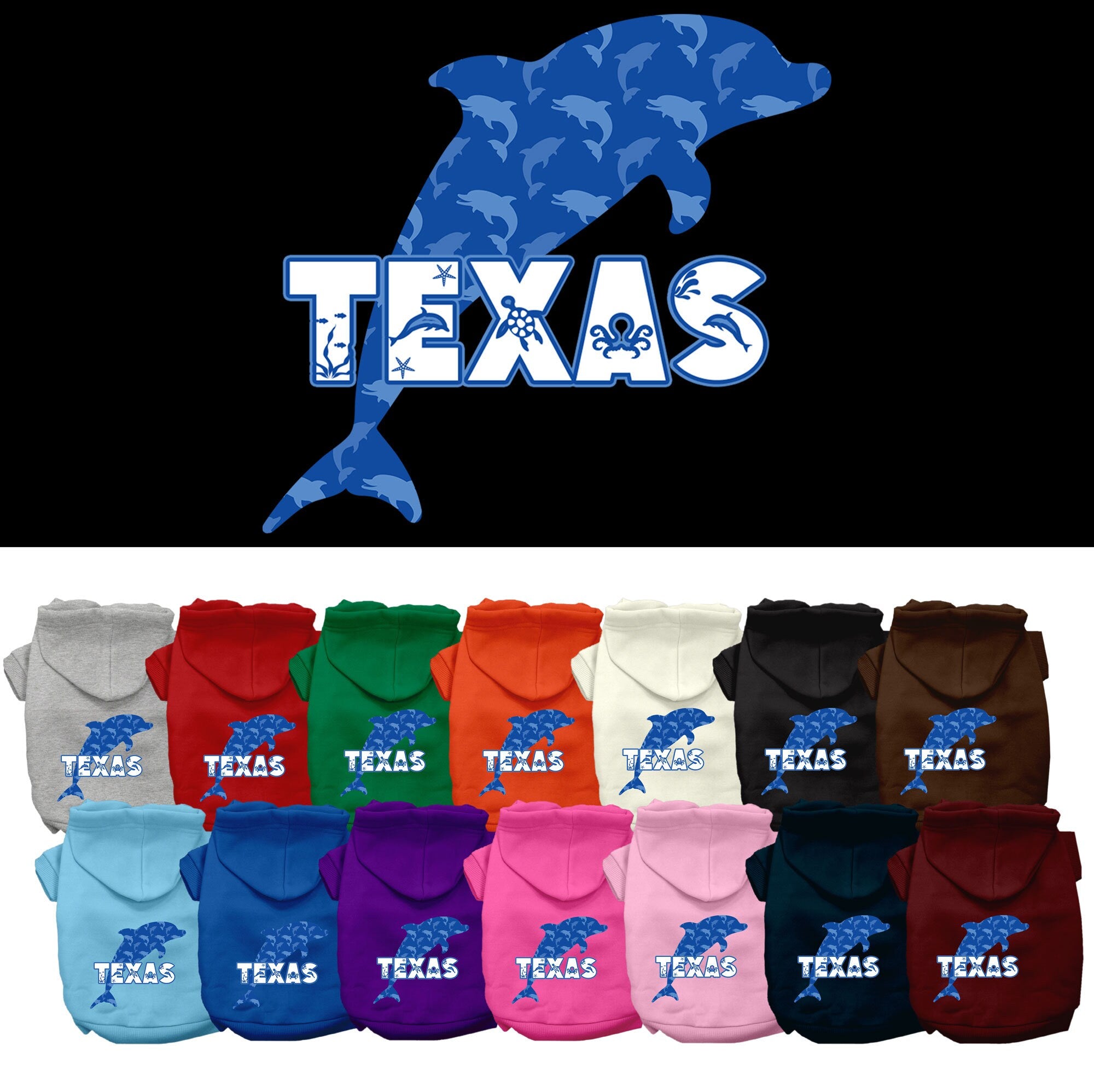 A cozy screen printed hoodie for medium to large pets featuring a Texas Blue Dolphins design, perfect for dogs and cats.