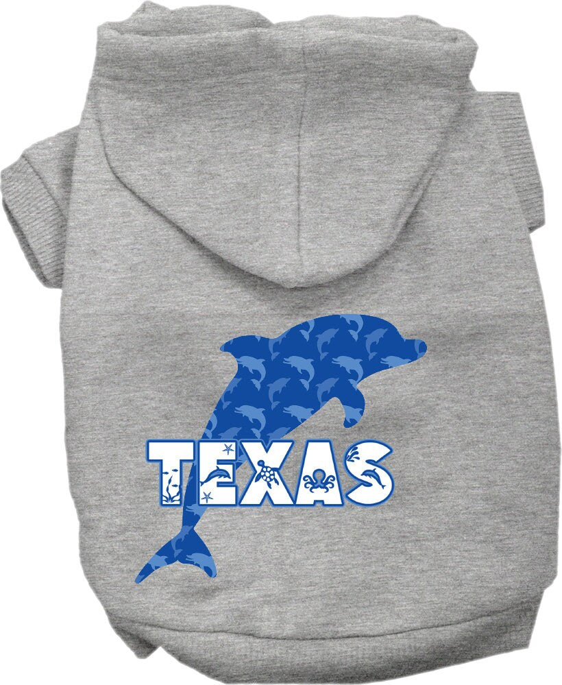 A cozy screen printed hoodie for medium to large pets featuring a Texas Blue Dolphins design, perfect for dogs and cats.