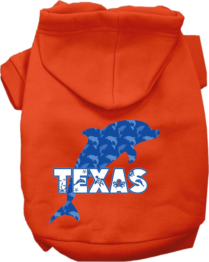 A cozy screen printed hoodie for medium to large pets featuring a Texas Blue Dolphins design, perfect for dogs and cats.