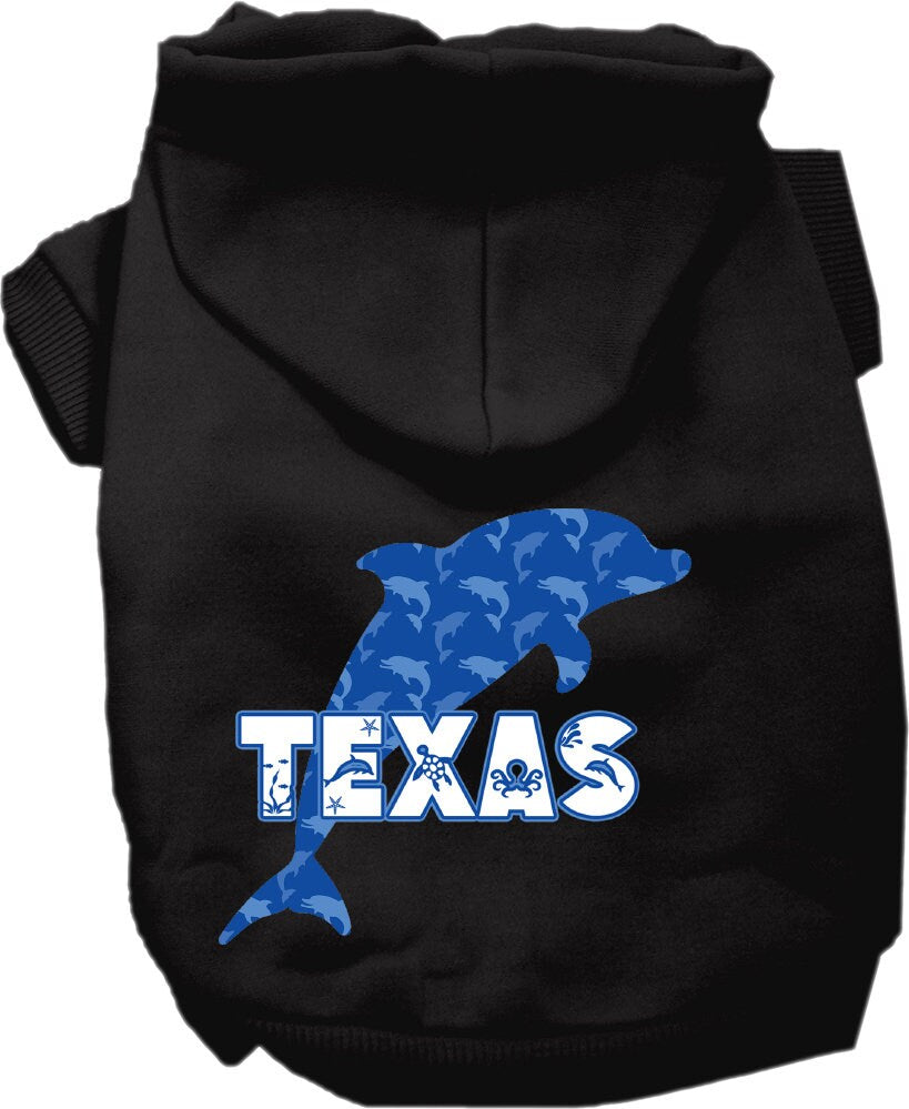A cozy screen printed hoodie for medium to large pets featuring a Texas Blue Dolphins design, perfect for dogs and cats.