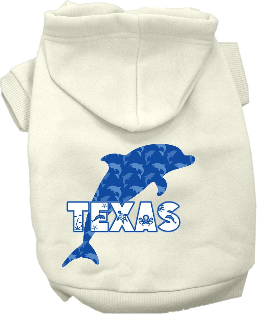 A cozy screen printed hoodie for medium to large pets featuring a Texas Blue Dolphins design, perfect for dogs and cats.