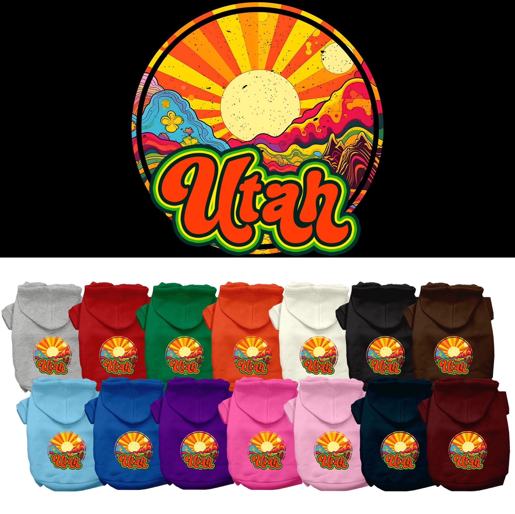 A cozy screen printed hoodie for medium to large pets, featuring a unique 'Utah Mellow Mountain' design, perfect for dogs and cats.