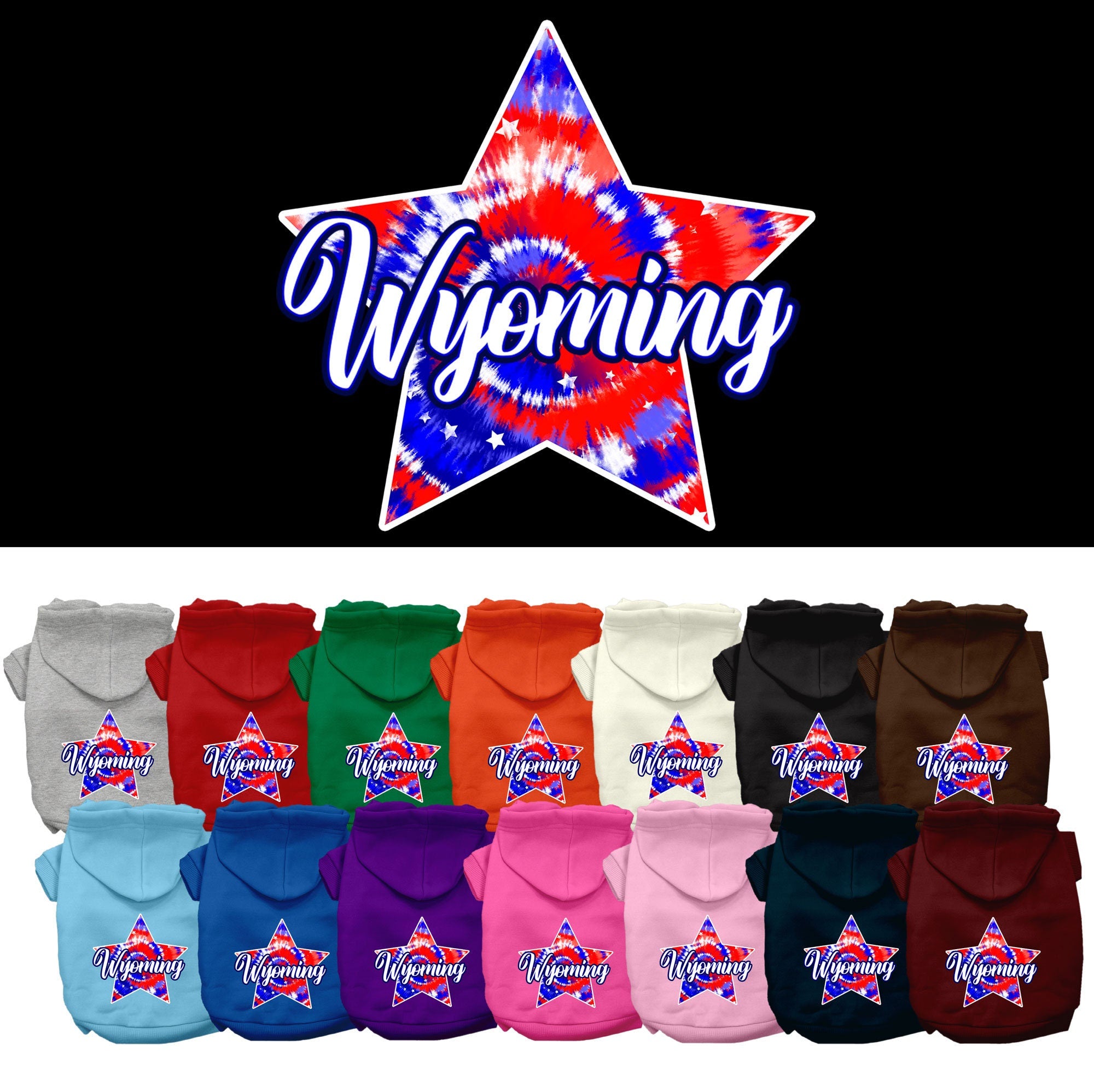 A medium to large pet wearing a Wyoming Patriotic Tie Dye hoodie, showcasing its vibrant colors and stylish design.