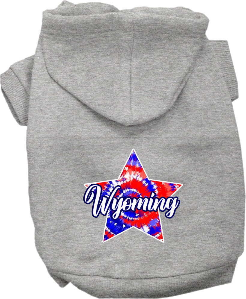 A medium to large pet wearing a Wyoming Patriotic Tie Dye hoodie, showcasing its vibrant colors and stylish design.