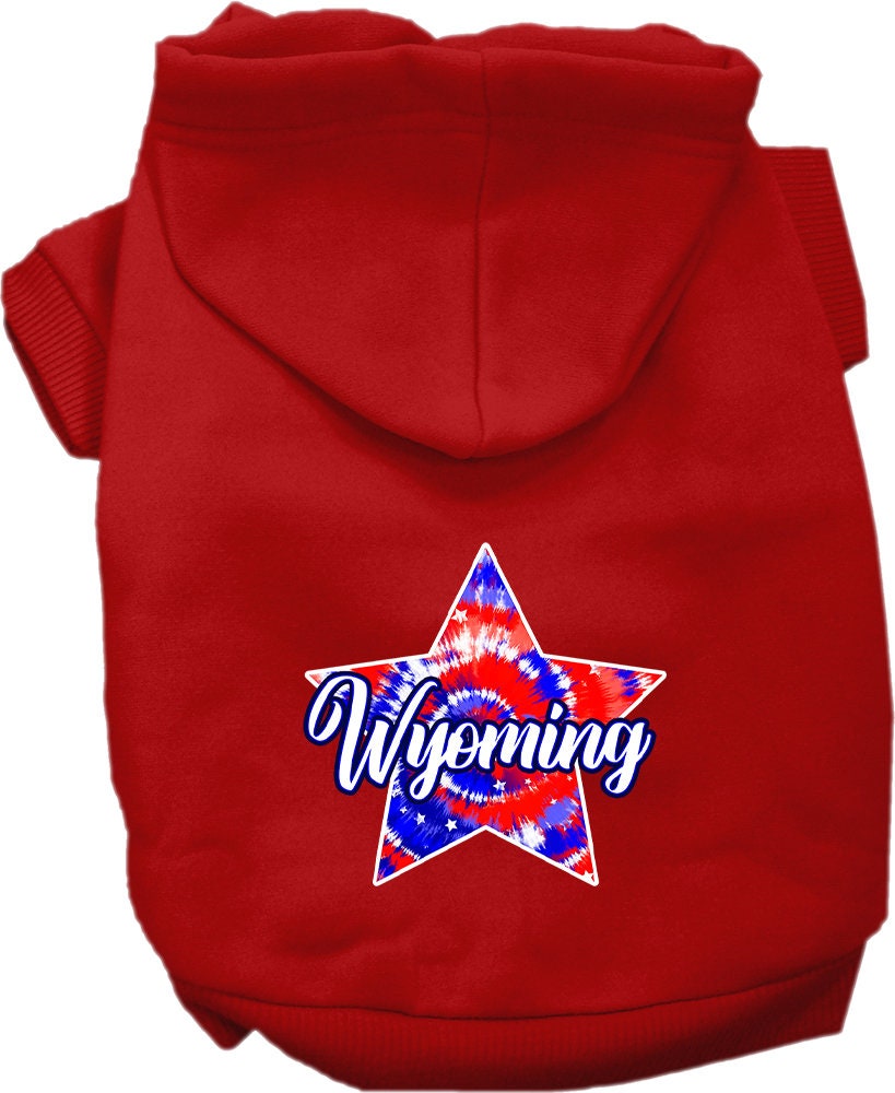 A medium to large pet wearing a Wyoming Patriotic Tie Dye hoodie, showcasing its vibrant colors and stylish design.