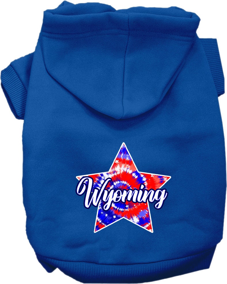 A medium to large pet wearing a Wyoming Patriotic Tie Dye hoodie, showcasing its vibrant colors and stylish design.