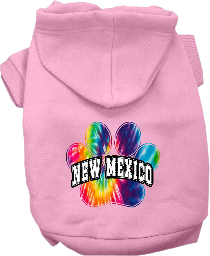 A vibrant New Mexico Bright Tie Dye hoodie for medium to large pets, showcasing its soft fabric and convenient leash access hole.