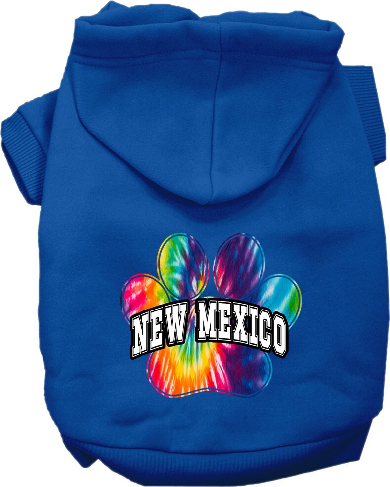 A vibrant New Mexico Bright Tie Dye hoodie for medium to large pets, showcasing its soft fabric and convenient leash access hole.