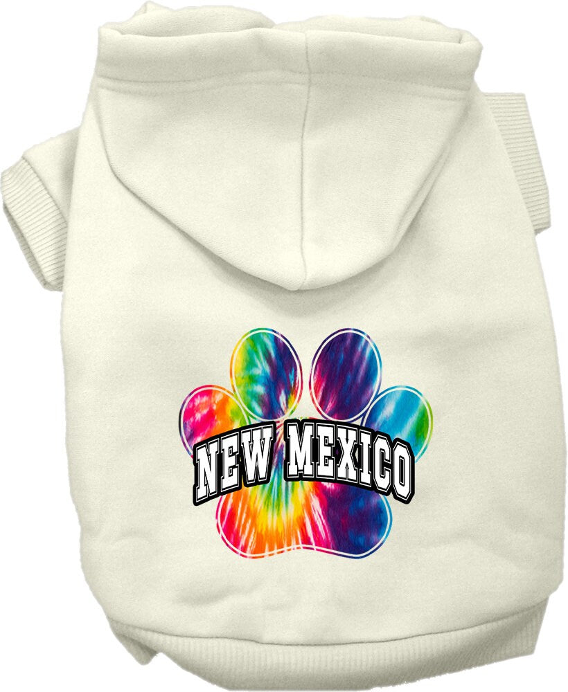 A vibrant New Mexico Bright Tie Dye hoodie for medium to large pets, showcasing its soft fabric and convenient leash access hole.
