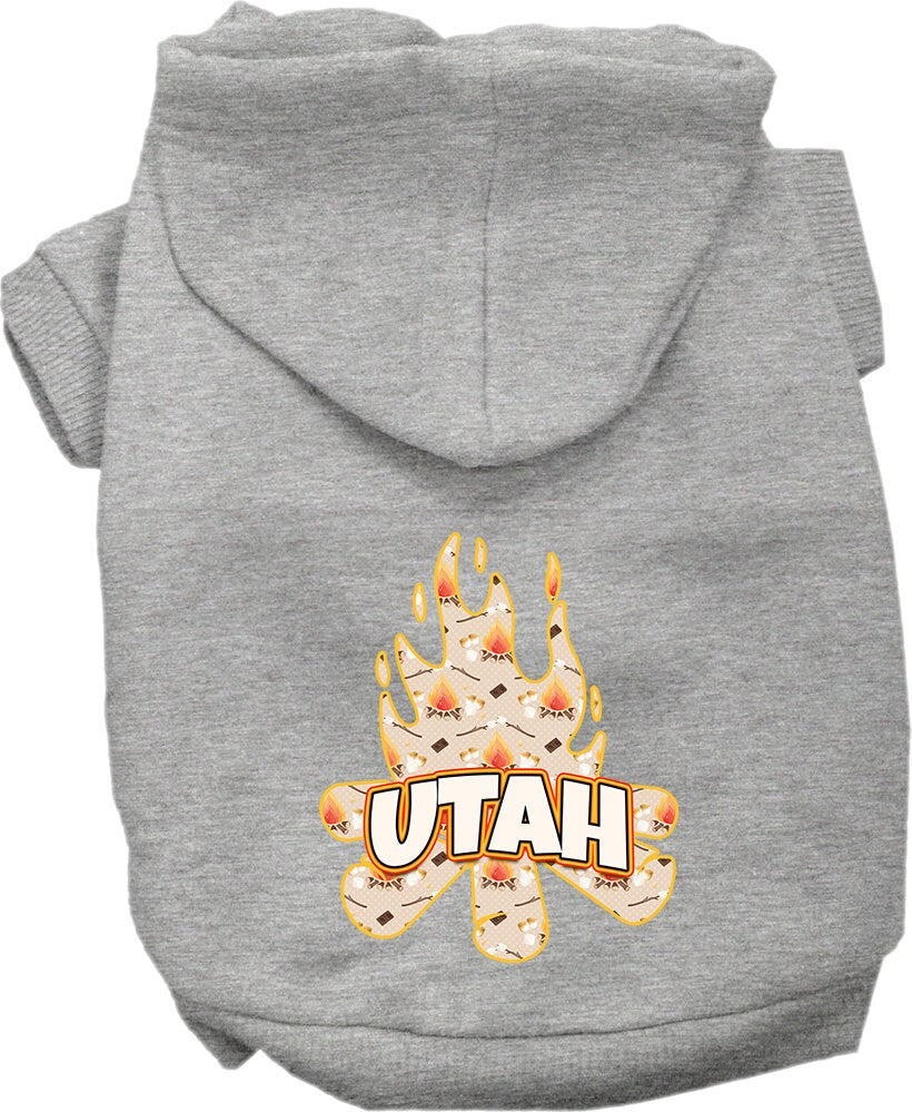 A cozy screen printed hoodie for medium to large pets featuring a 'Utah Around The Campfire' design, perfect for outdoor adventures.