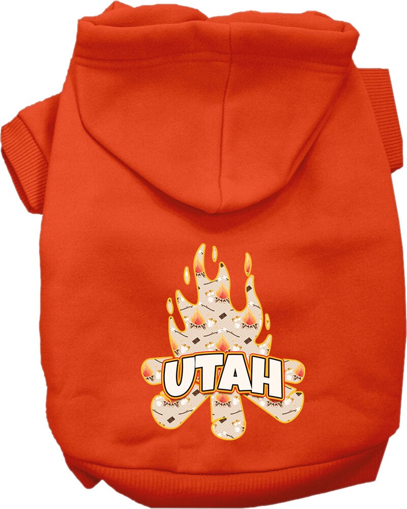 A cozy screen printed hoodie for medium to large pets featuring a 'Utah Around The Campfire' design, perfect for outdoor adventures.