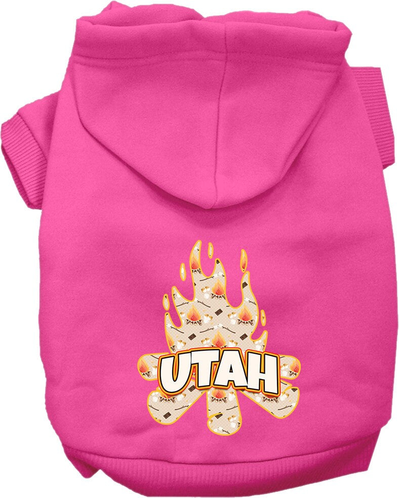 A cozy screen printed hoodie for medium to large pets featuring a 'Utah Around The Campfire' design, perfect for outdoor adventures.