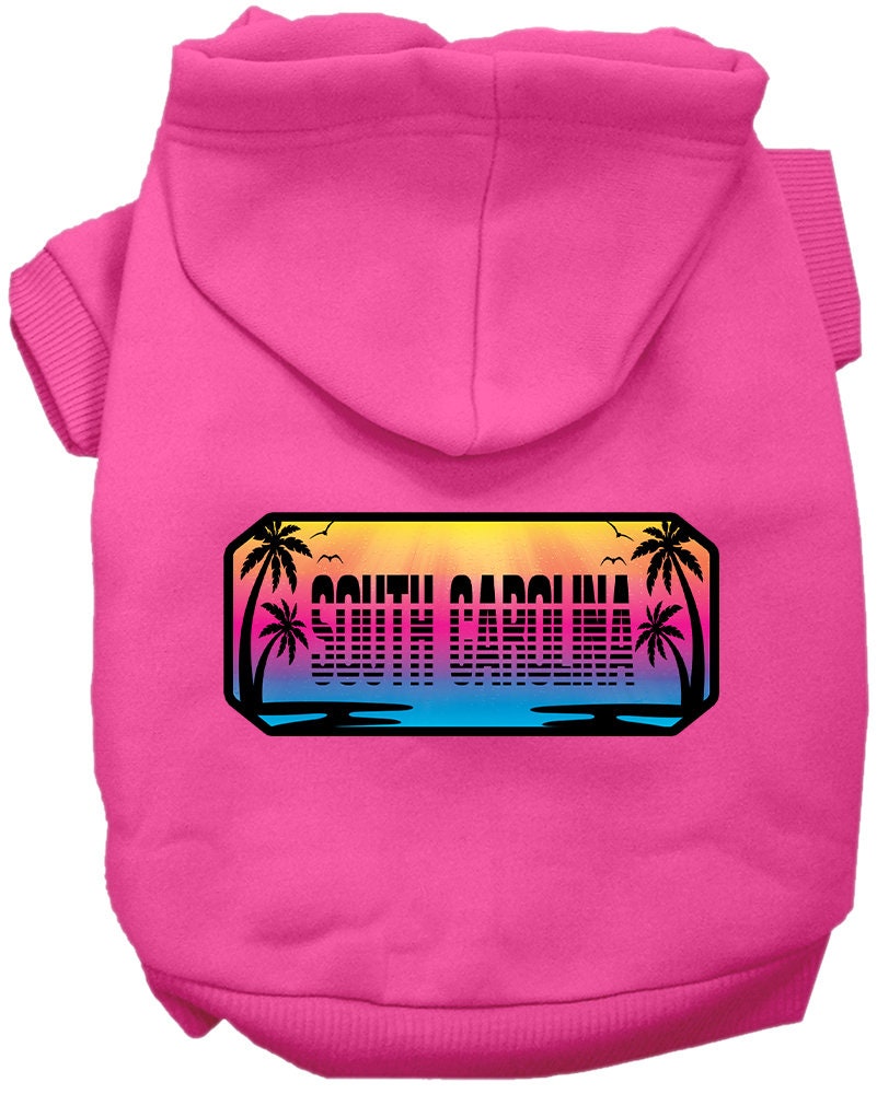 A medium to large pet wearing a soft, stylish hoodie with a South Carolina Beach Shades print, showcasing comfort and durability.