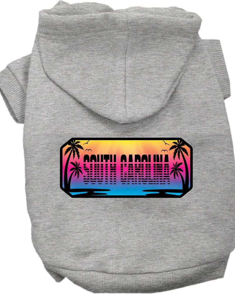 A medium to large pet wearing a soft, stylish hoodie with a South Carolina Beach Shades print, showcasing comfort and durability.
