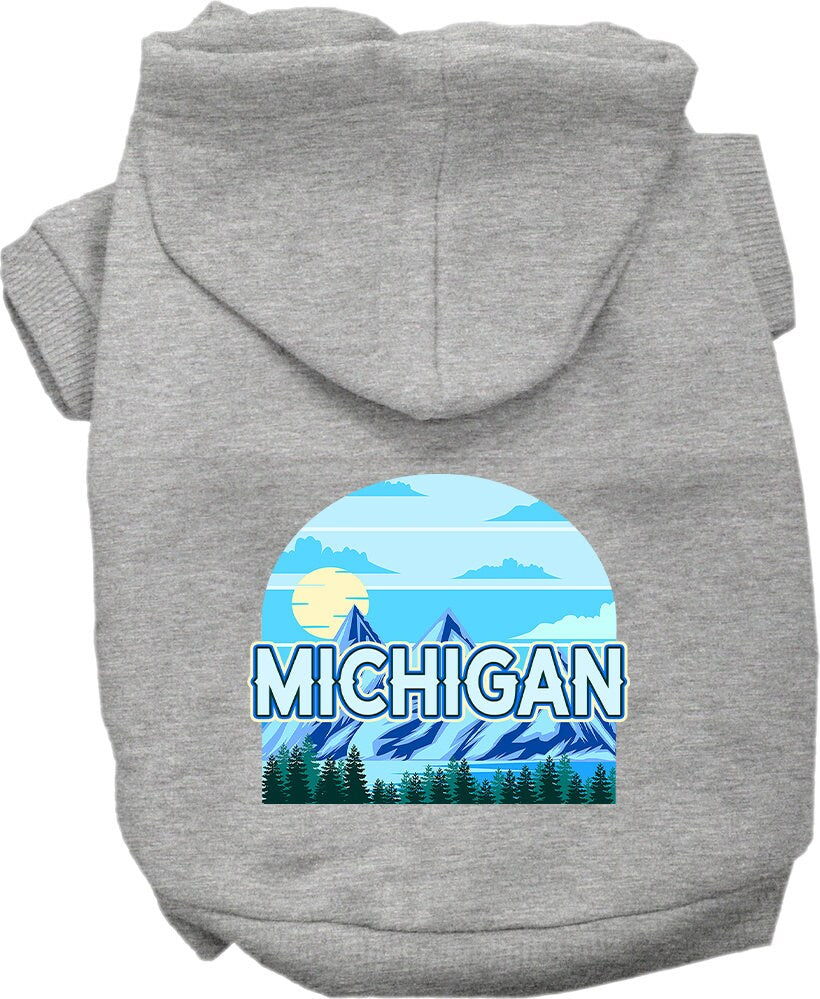 A cozy screen printed hoodie for medium to large pets, featuring the Michigan Trailblazer design, showcasing its soft fabric and durable stitching.