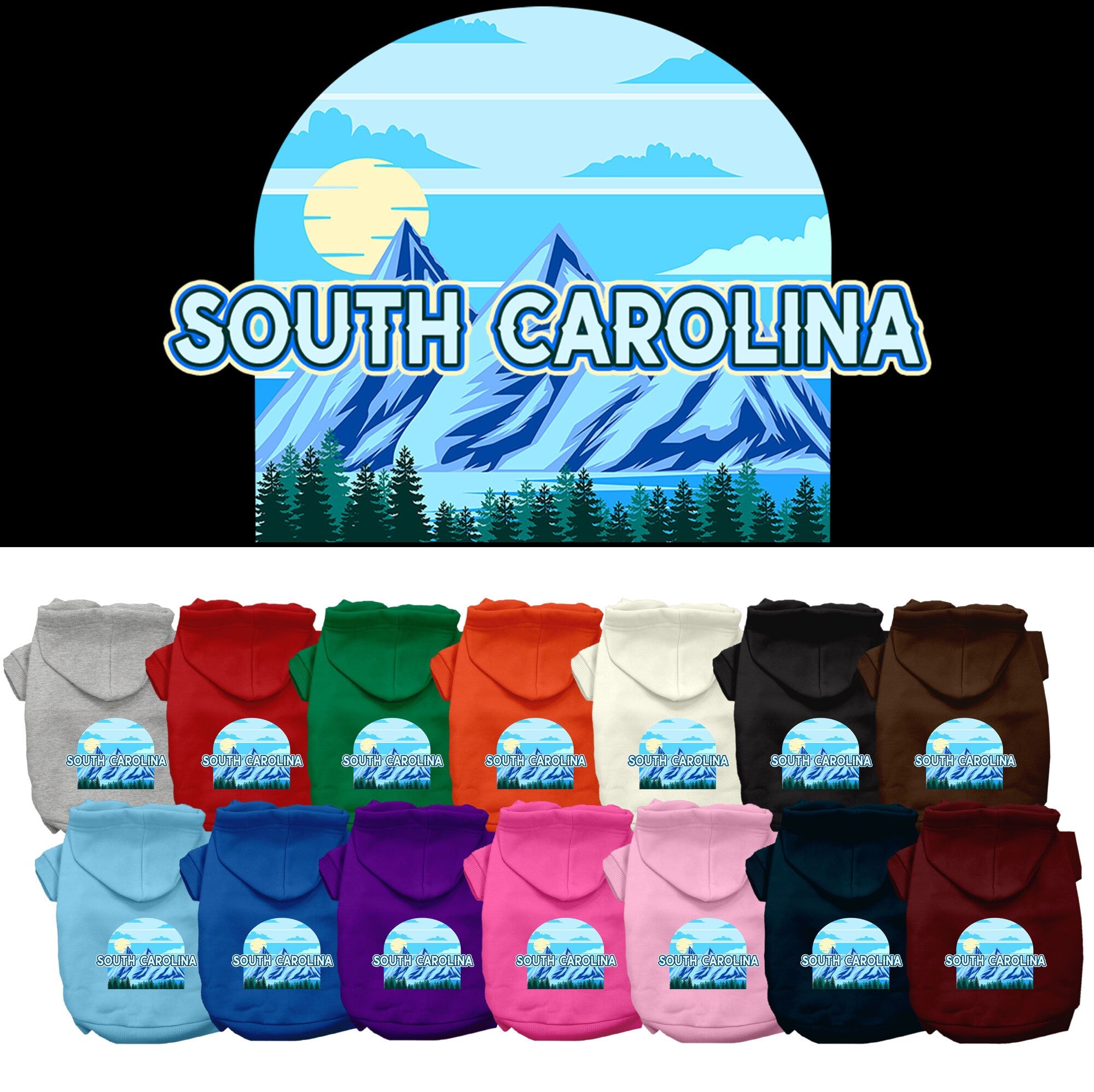 A medium to large pet wearing a soft, warm hoodie with a South Carolina Trailblazer print, showcasing its stylish design and convenient leash access.