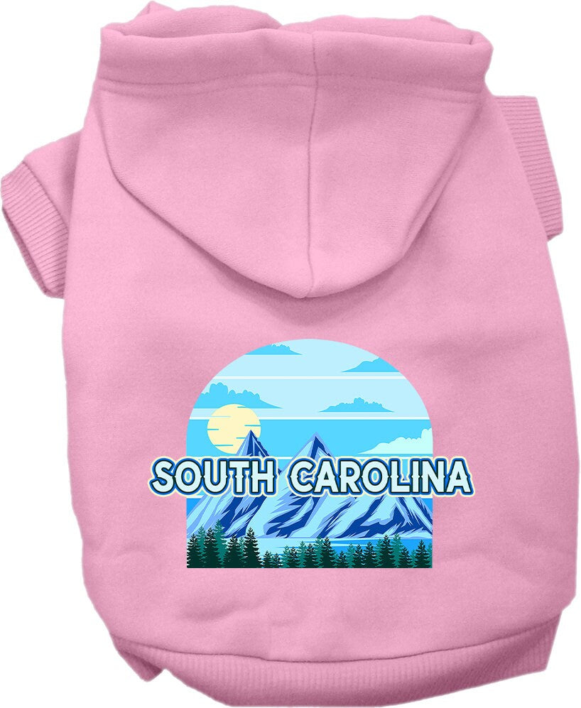 A medium to large pet wearing a soft, warm hoodie with a South Carolina Trailblazer print, showcasing its stylish design and convenient leash access.