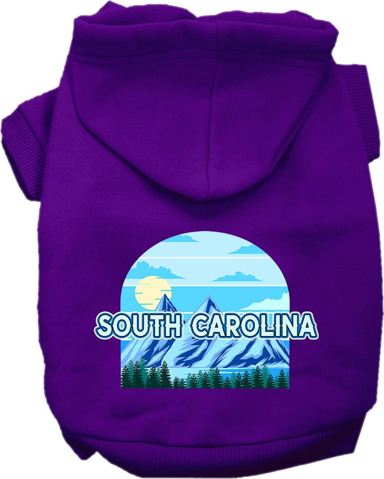 A medium to large pet wearing a soft, warm hoodie with a South Carolina Trailblazer print, showcasing its stylish design and convenient leash access.