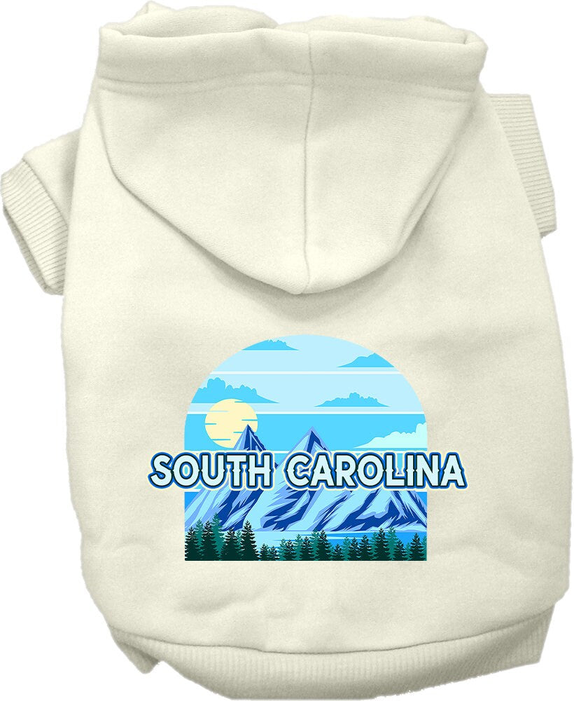 A medium to large pet wearing a soft, warm hoodie with a South Carolina Trailblazer print, showcasing its stylish design and convenient leash access.