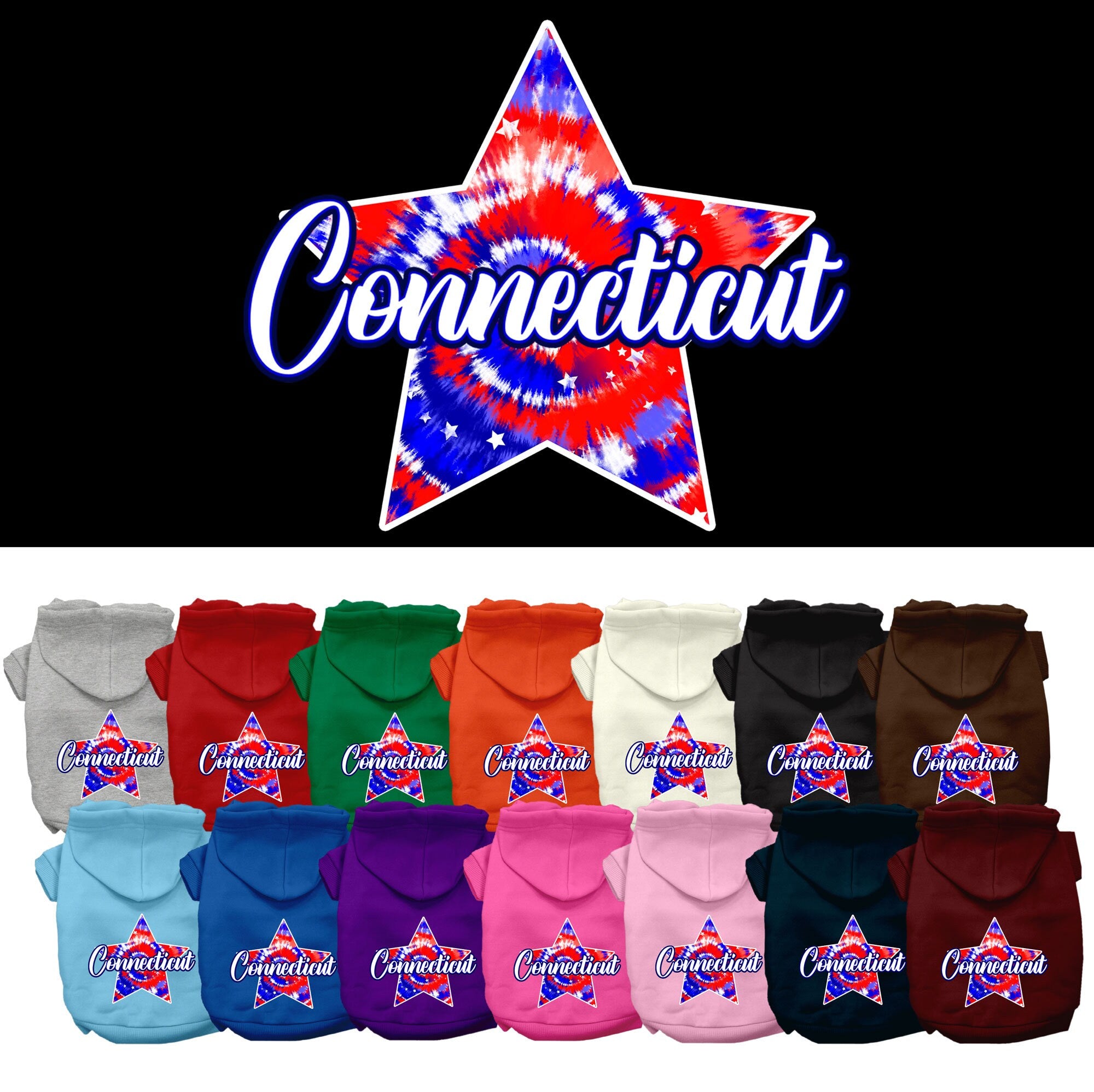 A medium to large pet wearing a Connecticut Patriotic Tie Dye hoodie, showcasing its vibrant colors and comfortable fit.